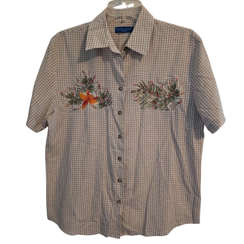 Vtg 90s Karen Scott Embroidered Tiger Short Sleve Tan White Gingham Button Up M